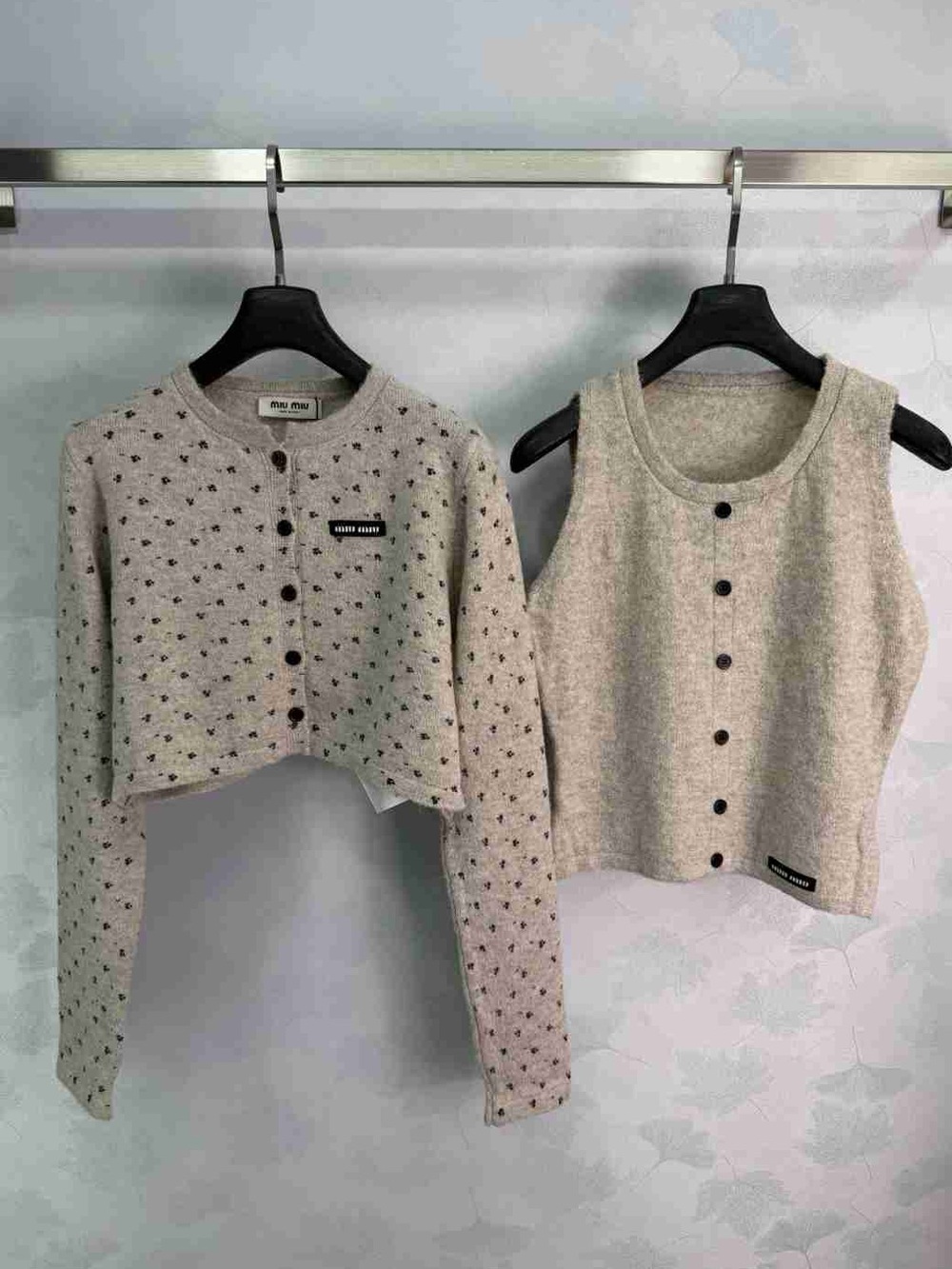 Miu Miu Beige Knit Cropped Cardigan & Tank Set